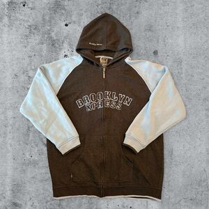 Vintage Brooklyn Xpress Express Hoodie Grey Blue Two Tone Embroidered Zip Y2K XL
